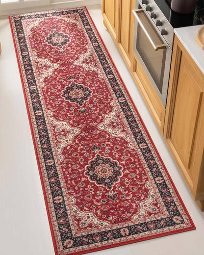 Gene Medallion Persian Red Non-Slip Machine Washable Low Pile Rug for High-Traffic Areas