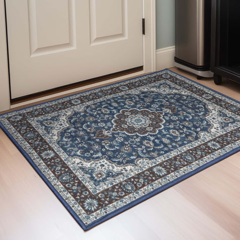 Gene Traditional Medallion Persian Blue Non-Slip Machine Washable Low Pile Rug for High-Traffic Areas