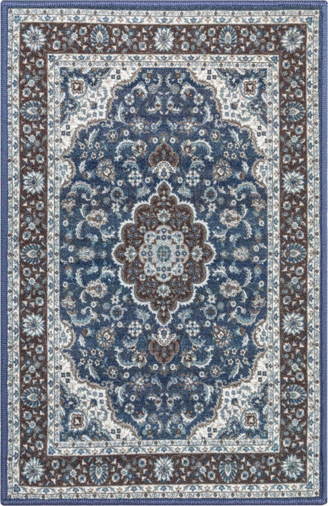Gene Traditional Medallion Persian Blue Non-Slip Machine Washable Low Pile Rug for High-Traffic Areas
