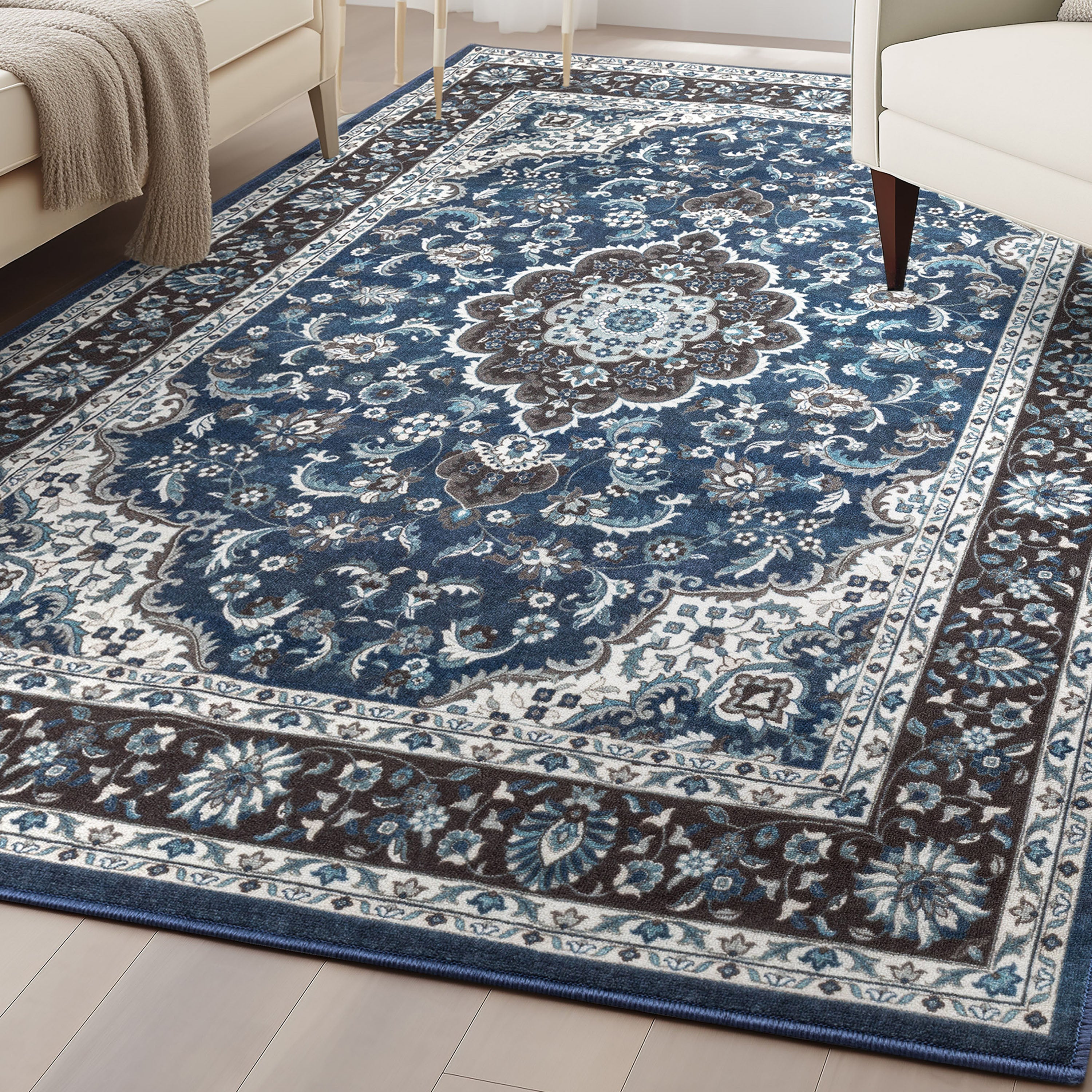 Gene Medallion Persian Blue Non-Slip Machine Washable Low Pile Rug for High-Traffic Areas