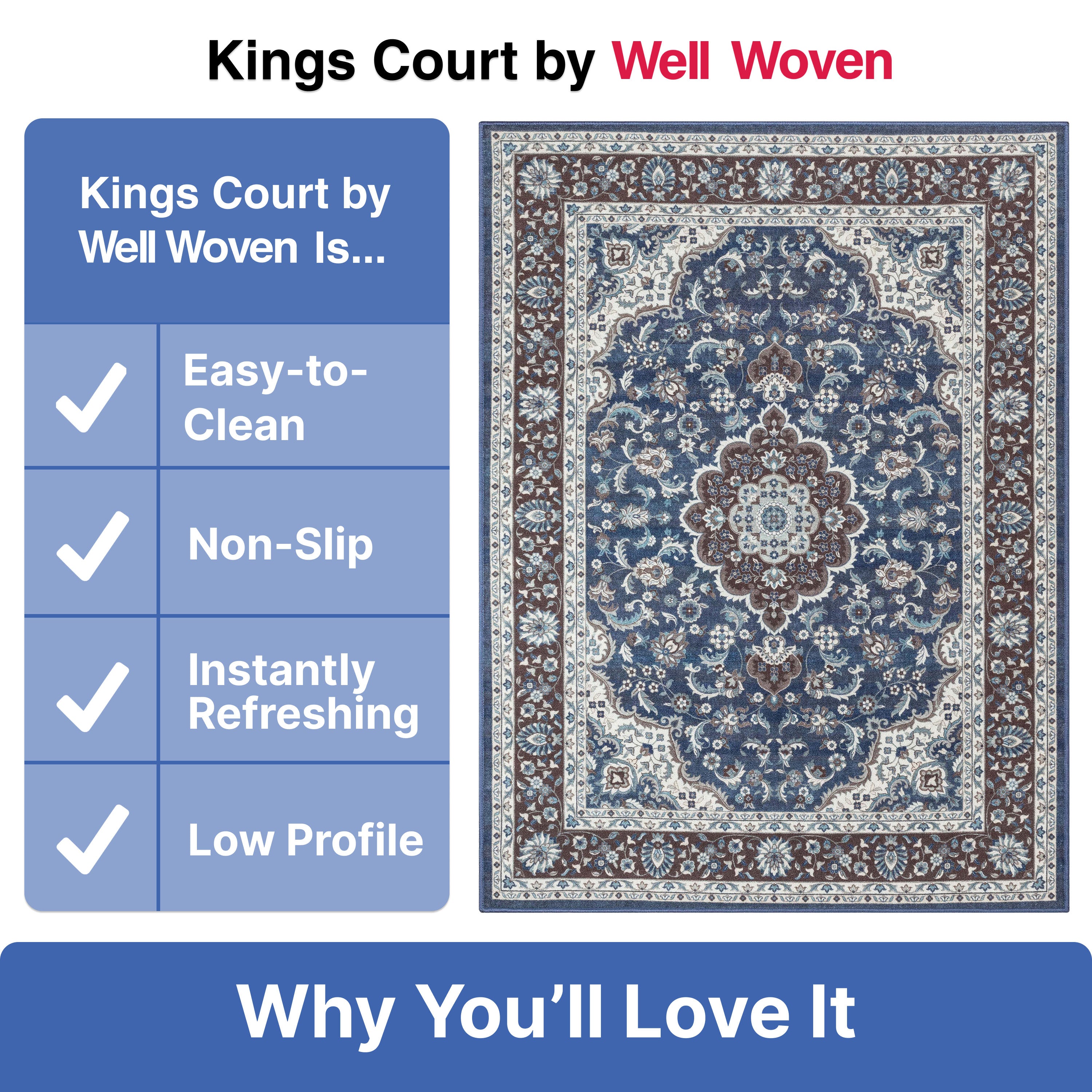 Gene Medallion Persian Blue Non-Slip Machine Washable Low Pile Rug for High-Traffic Areas