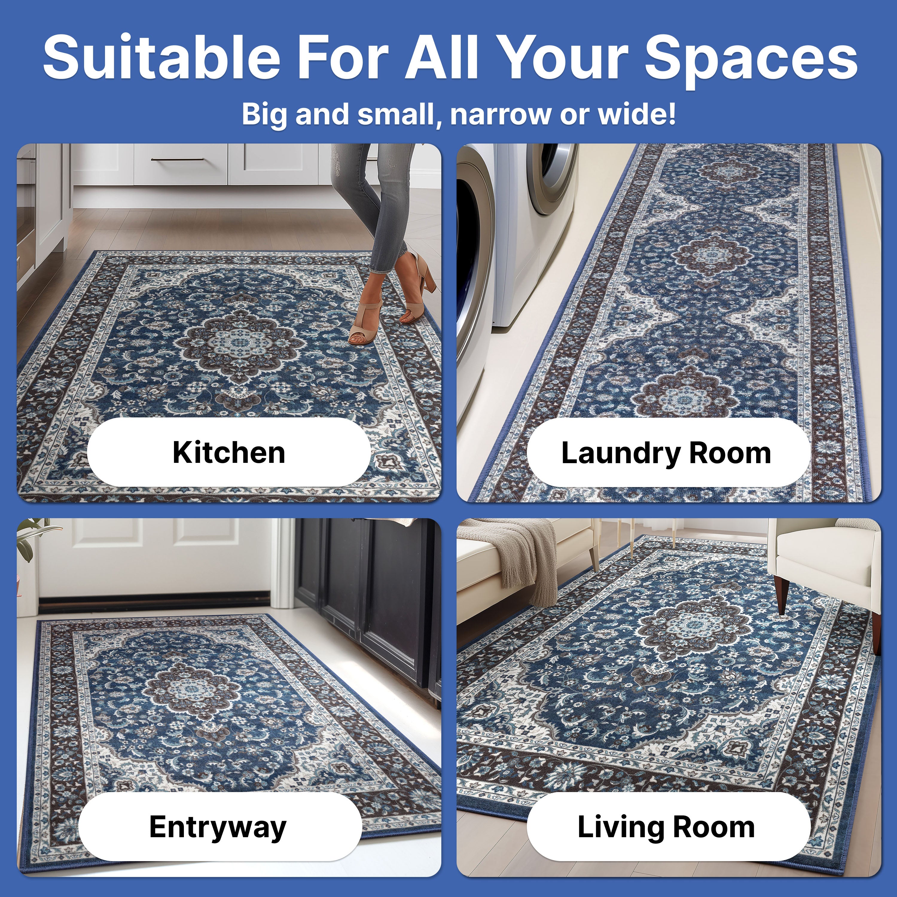 Gene Medallion Persian Blue Non-Slip Machine Washable Low Pile Rug for High-Traffic Areas