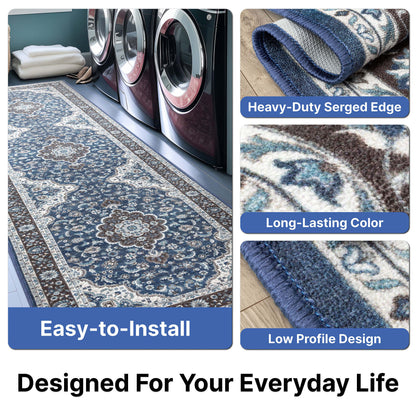 Custom Size Runner Gene Medallion Persian Blue Select Your Width x Choose Your Length Machine Washable Hallway Runner Rug