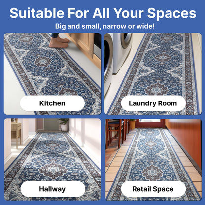 Custom Size Runner Gene Medallion Persian Blue Select Your Width x Choose Your Length Machine Washable Hallway Runner Rug