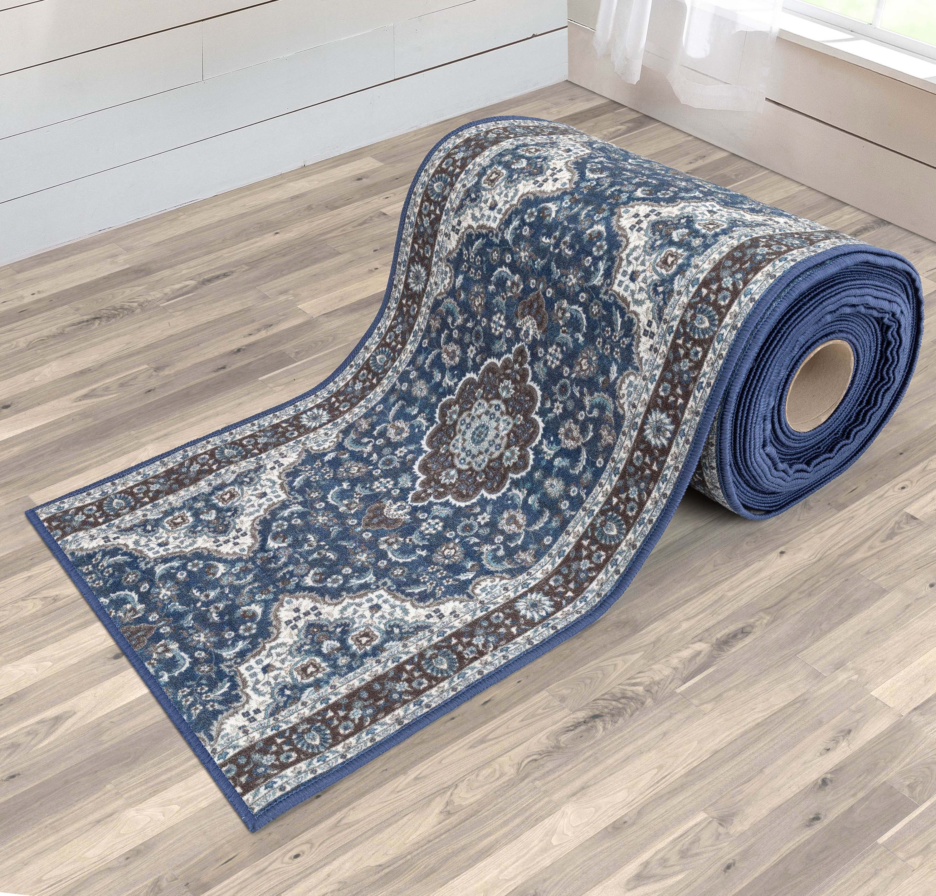 Custom Size Runner Gene Medallion Persian Blue Select Your Width x Choose Your Length Machine Washable Hallway Runner Rug