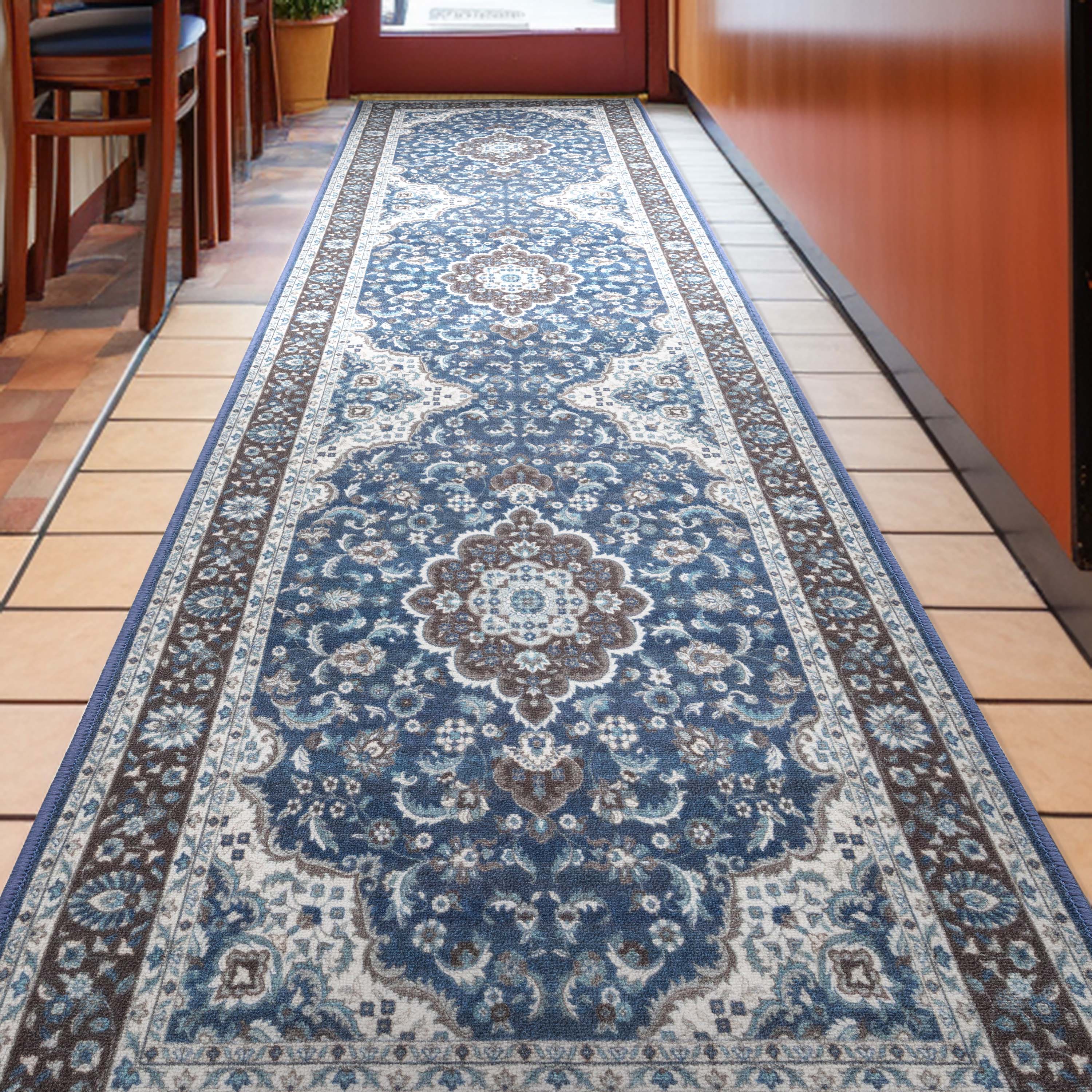 Custom Size Runner Gene Medallion Persian Blue Select Your Width x Choose Your Length Machine Washable Hallway Runner Rug