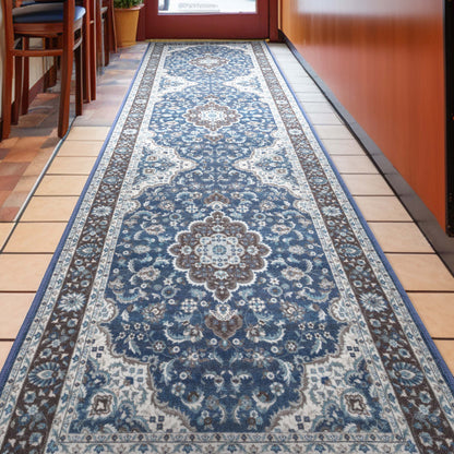 Custom Size Runner Gene Medallion Persian Blue Select Your Width x Choose Your Length Machine Washable Hallway Runner Rug