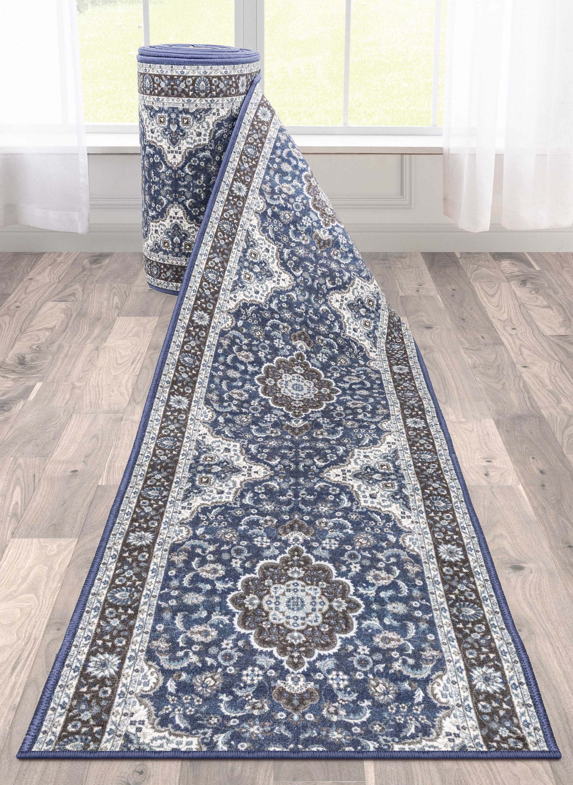 Custom Size Runner Gene Medallion Persian Blue Select Your Width x Choose Your Length Machine Washable Hallway Runner Rug