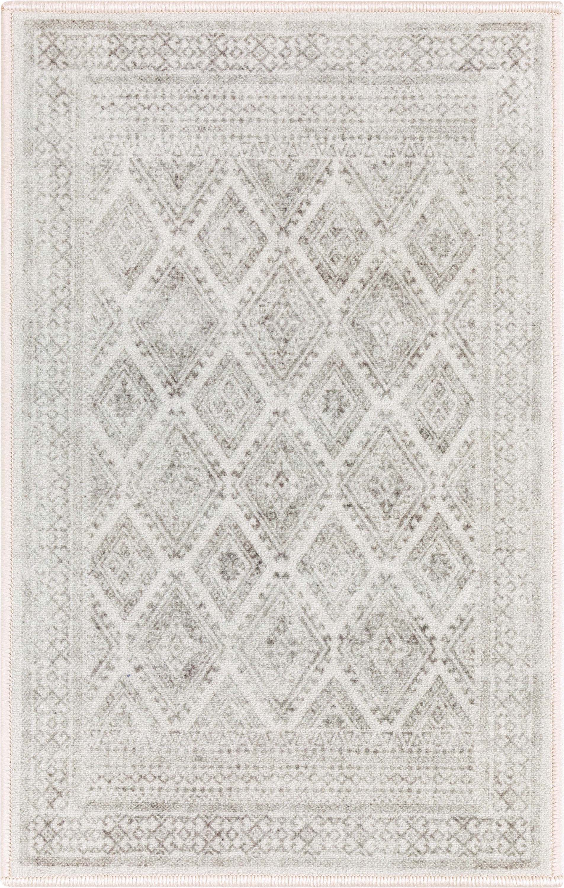 Sana Moroccan Diamond Ivory Non-Slip Washable Rug with Rubber Backing for High-Traffic Areas