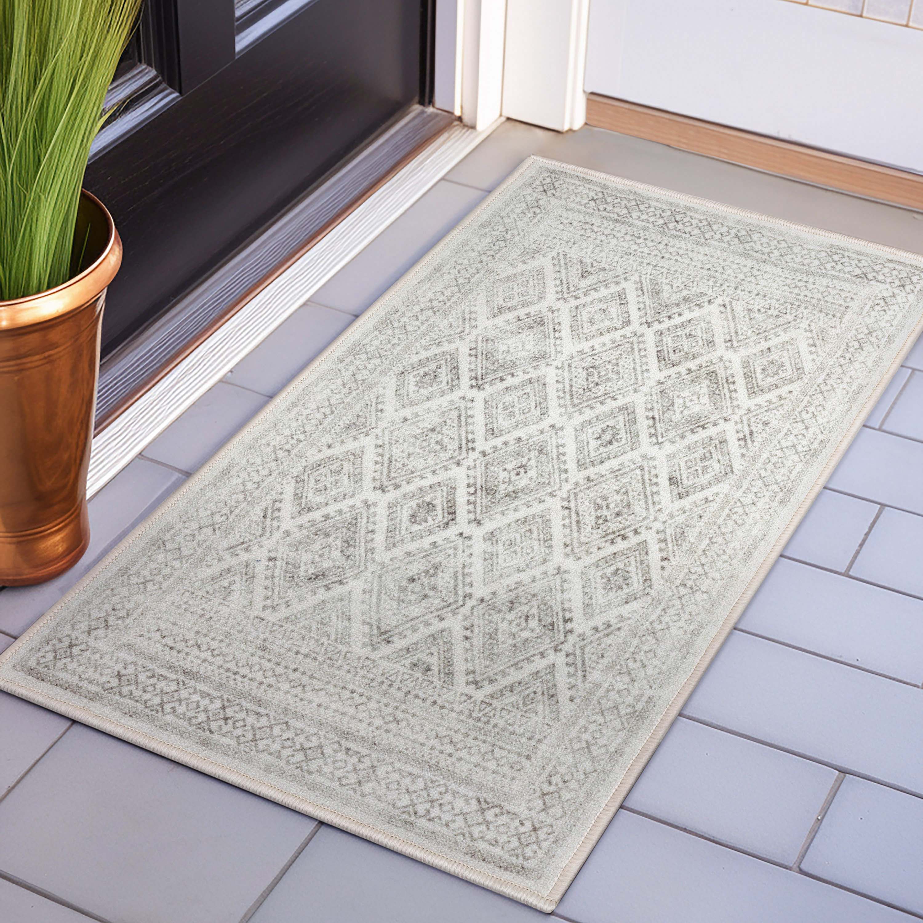 Sana Moroccan Diamond Ivory Non-Slip Washable Rug with Rubber Backing for High-Traffic Areas