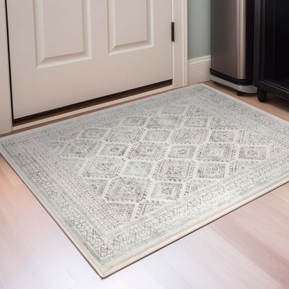 Sana Moroccan Diamond Ivory Non-Slip Washable Rug with Rubber Backing for High-Traffic Areas