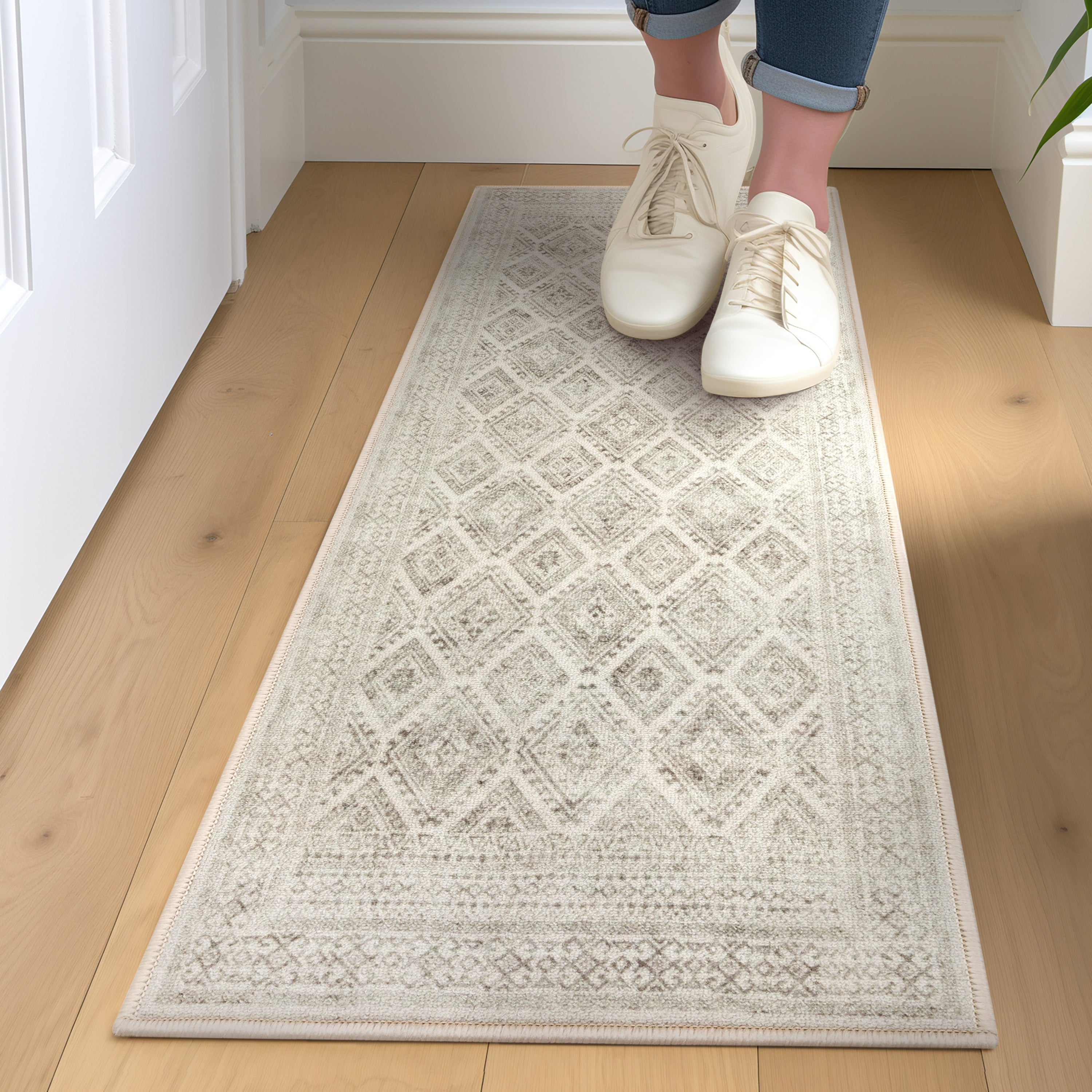 Sana Moroccan Diamond Ivory Non-Slip Washable Rug with Rubber Backing for High-Traffic Areas