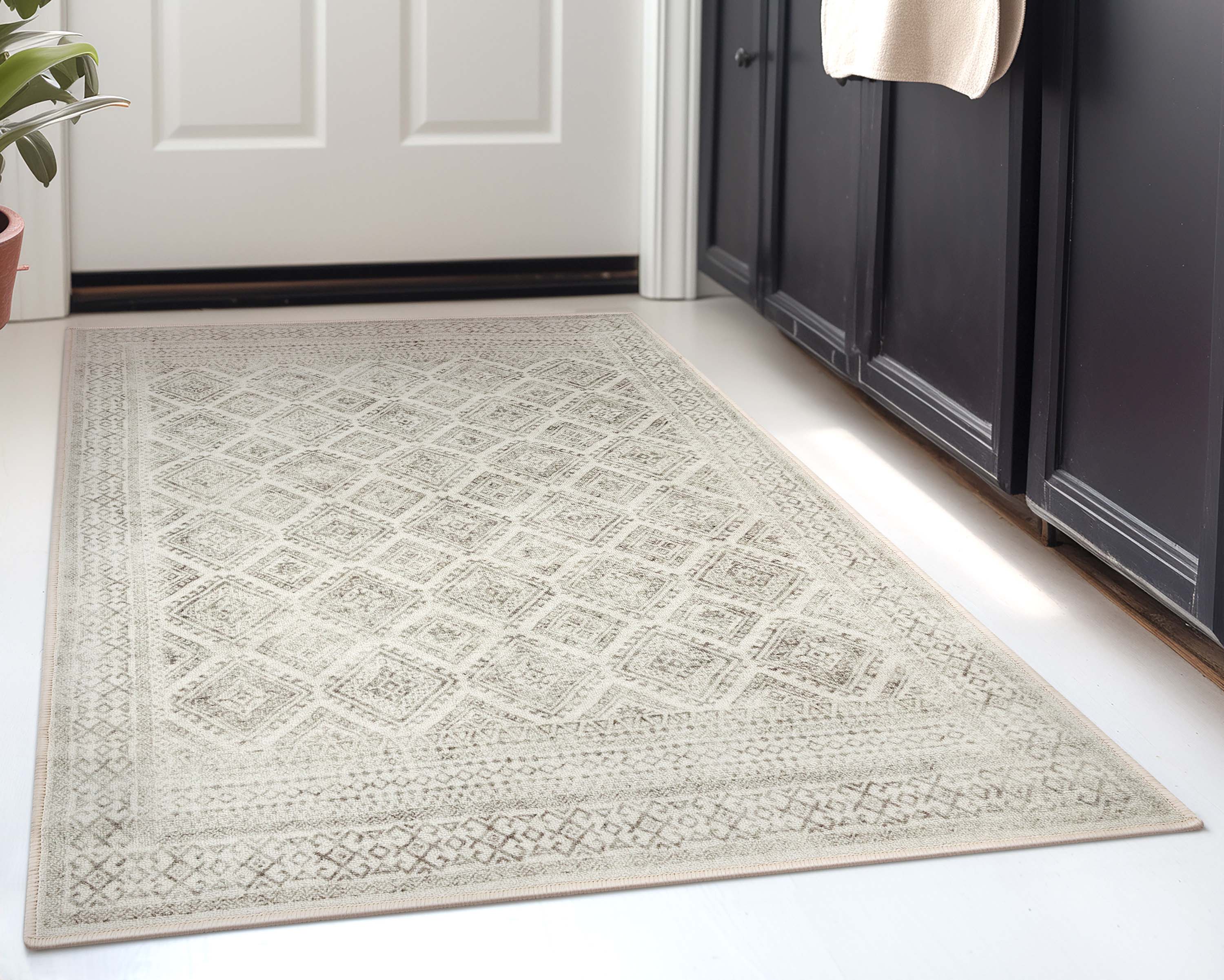 Sana Moroccan Diamond Ivory Non-Slip Washable Rug with Rubber Backing for High-Traffic Areas