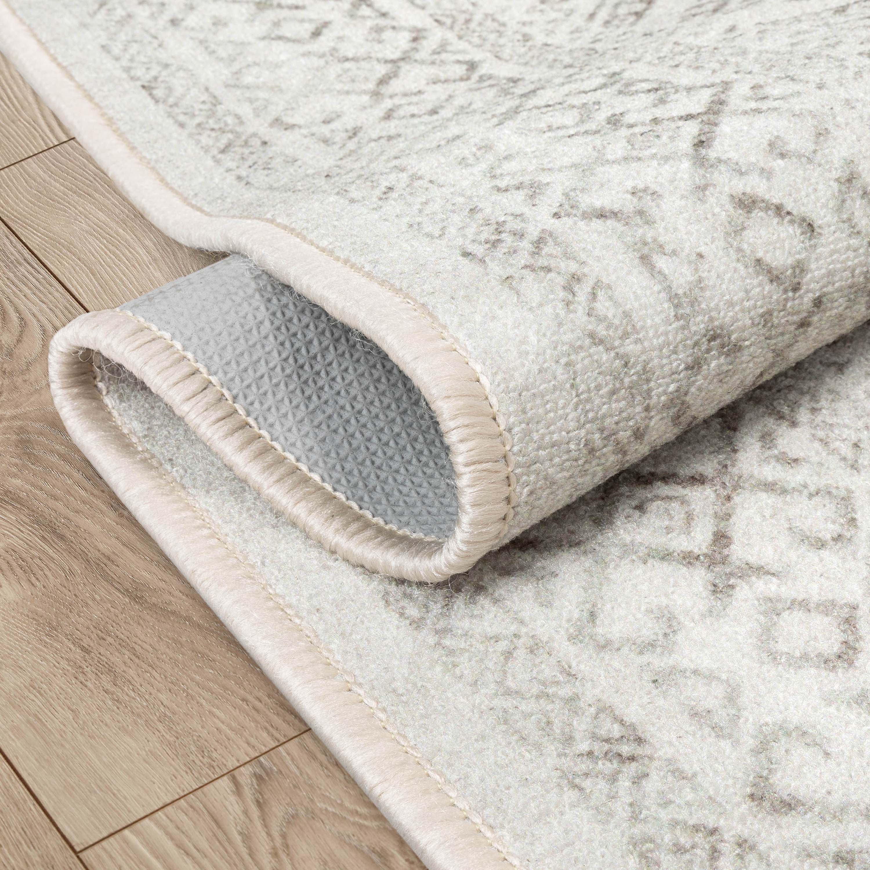 Sana Moroccan Diamond Ivory Non-Slip Washable Rug with Rubber Backing for High-Traffic Areas