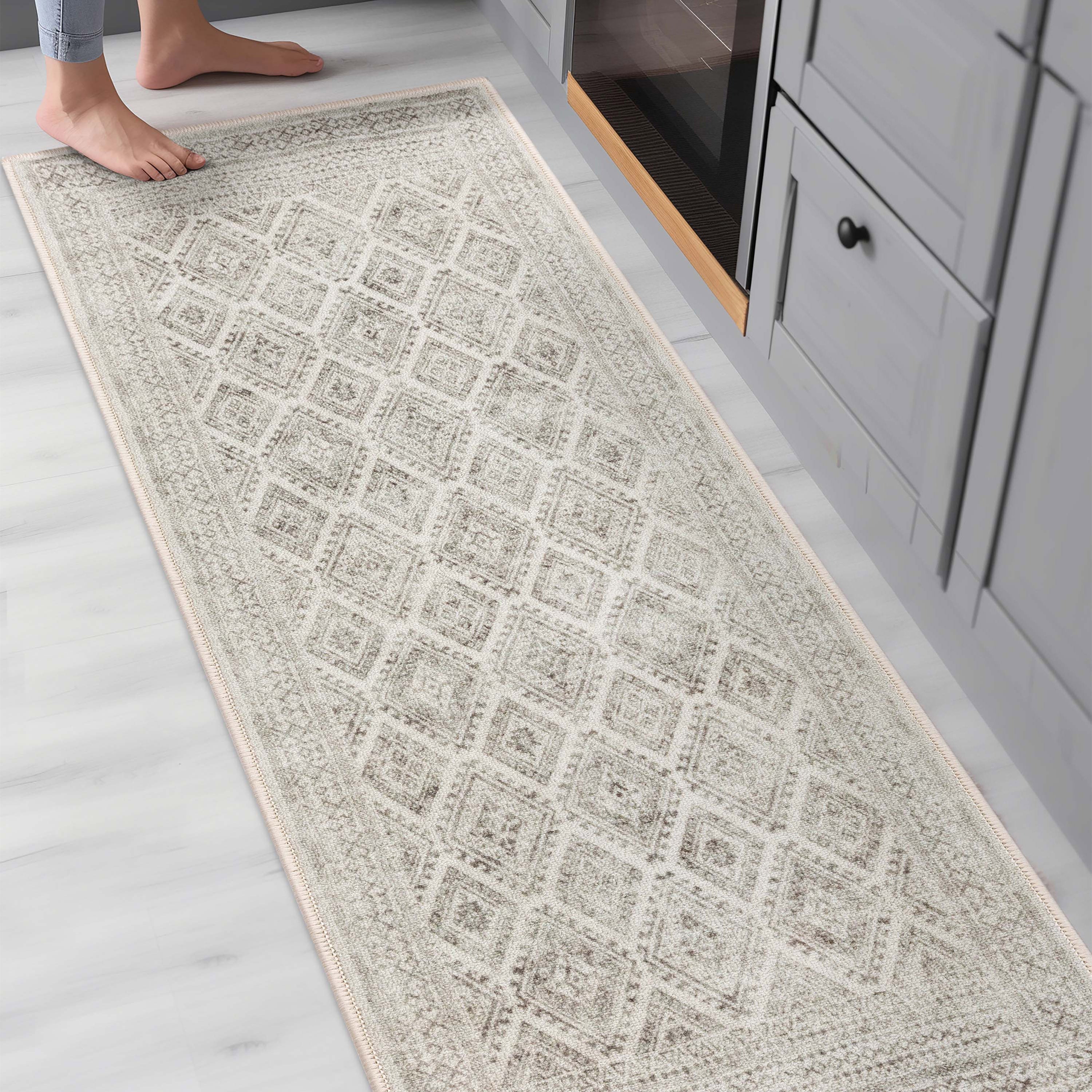 Sana Moroccan Diamond Ivory Non-Slip Washable Rug with Rubber Backing for High-Traffic Areas