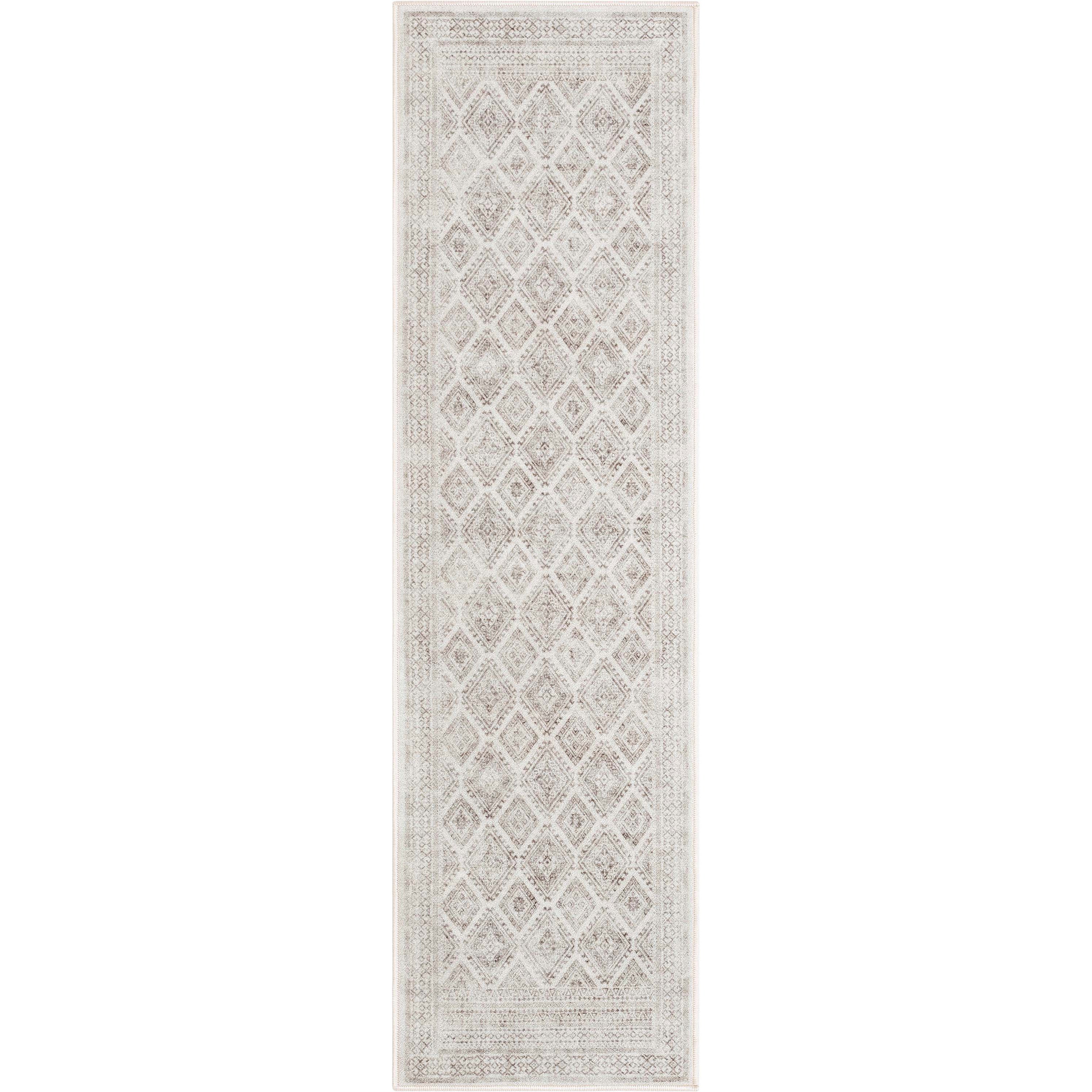 Sana Moroccan Diamond Ivory Non-Slip Washable Rug with Rubber Backing for High-Traffic Areas