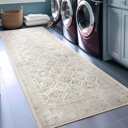 Sana Moroccan Diamond Ivory Non-Slip Washable Rug with Rubber Backing for High-Traffic Areas