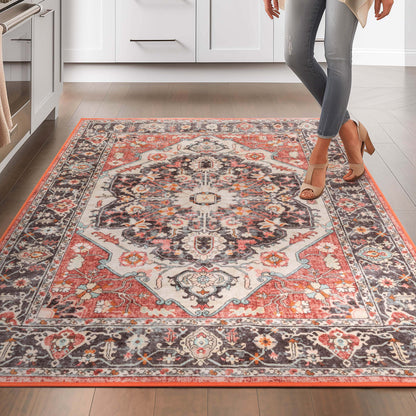 Zazzu Medallion Multi Non-Slip Washable Rug with Rubber Backing for High-Traffic Areas