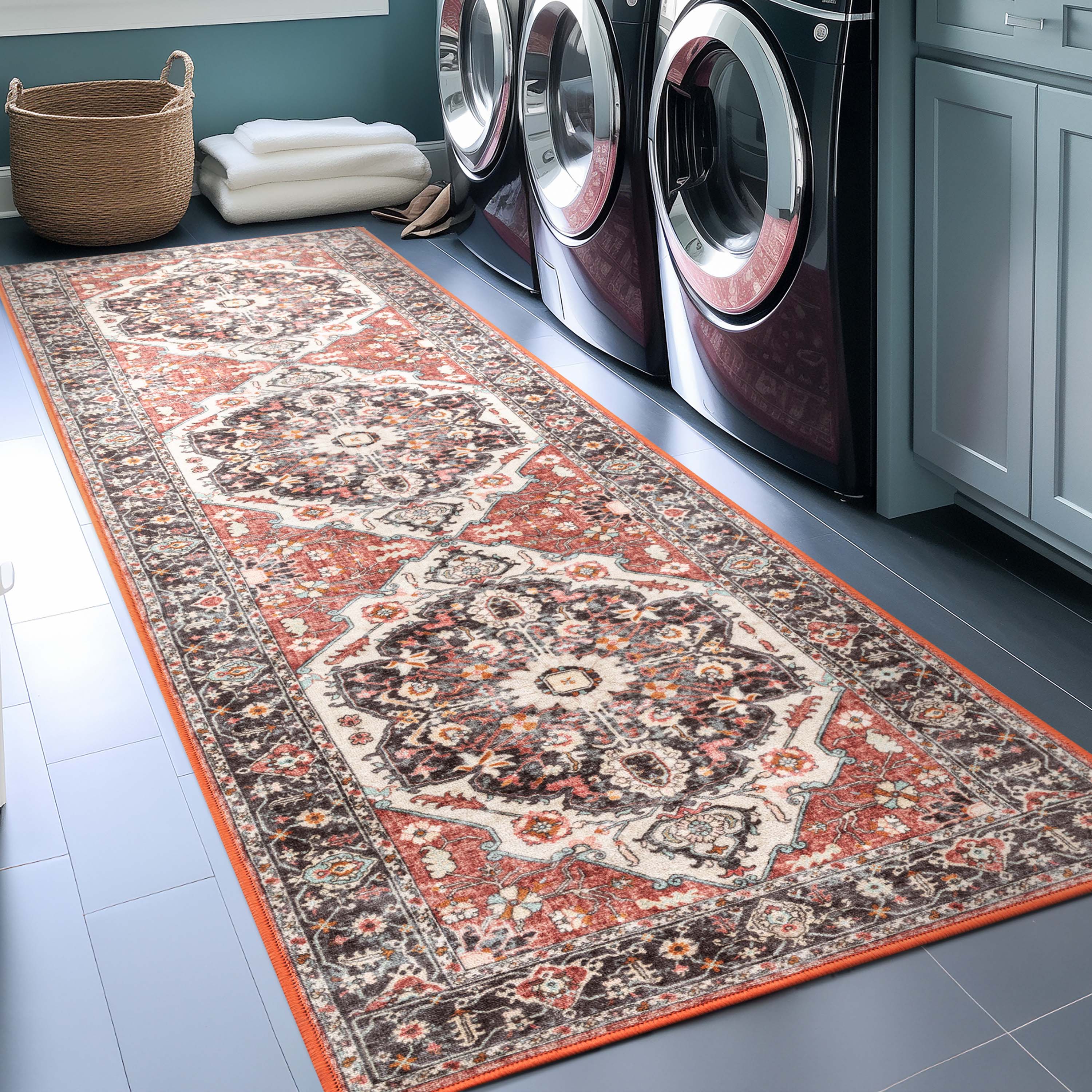 Zazzu Medallion Multi Non-Slip Washable Rug with Rubber Backing for High-Traffic Areas