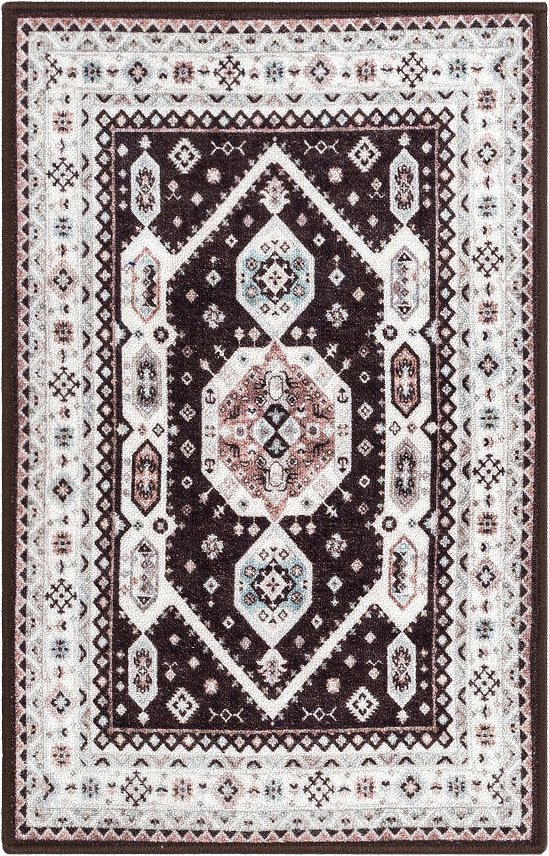 Kama Medallion Tribal Black Non-Slip Washable Rug with Rubber Backing for High-Traffic Areas