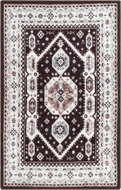 Kama Medallion Tribal Black Non-Slip Washable Rug with Rubber Backing for High-Traffic Areas