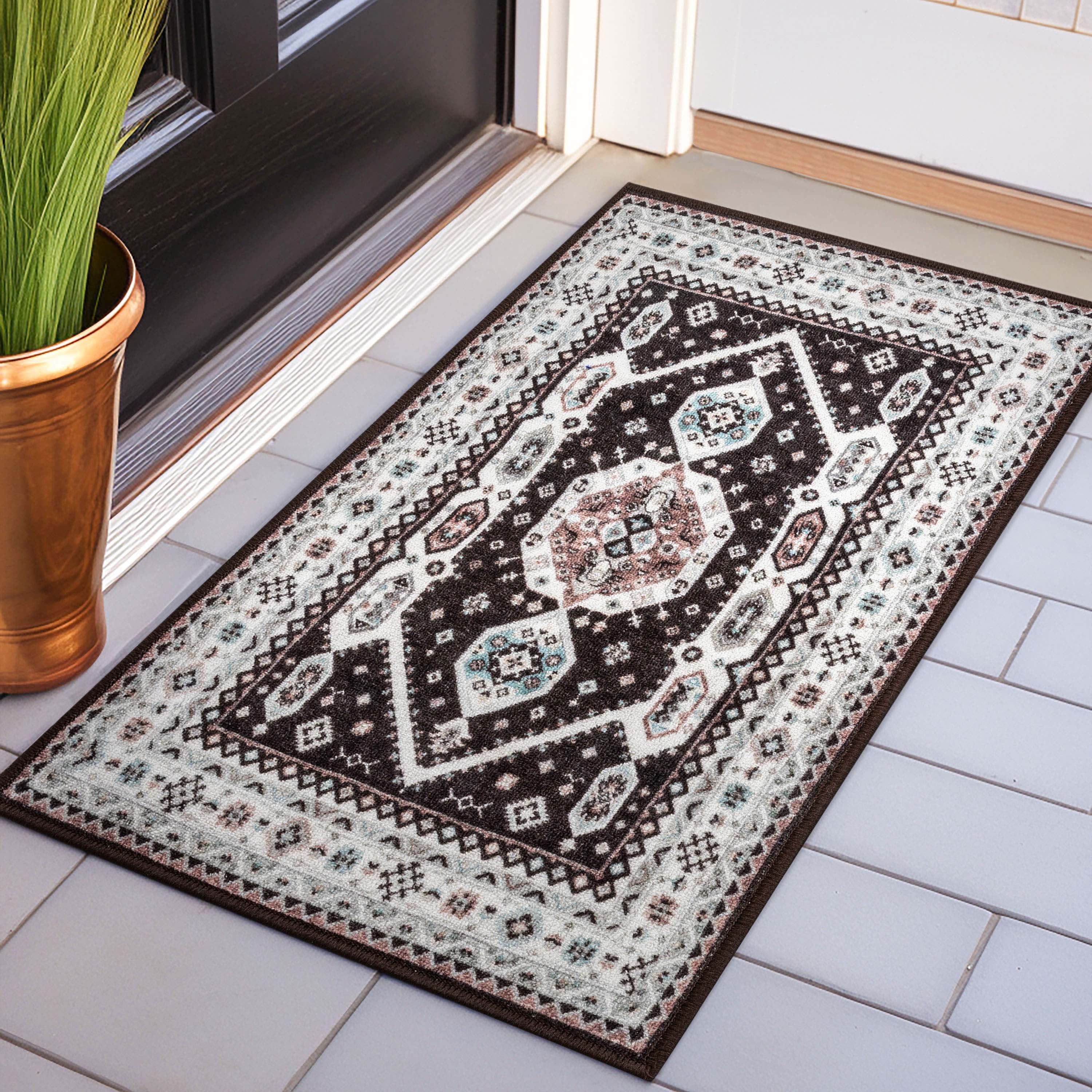 Kama Medallion Tribal Black Non-Slip Washable Rug with Rubber Backing for High-Traffic Areas