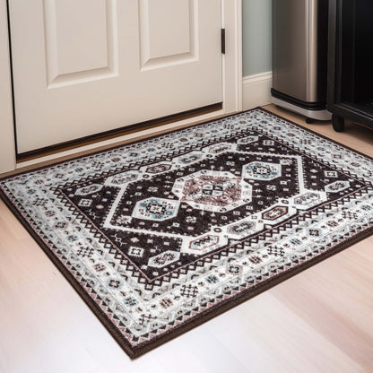 Kama Medallion Tribal Black Non-Slip Washable Rug with Rubber Backing for High-Traffic Areas