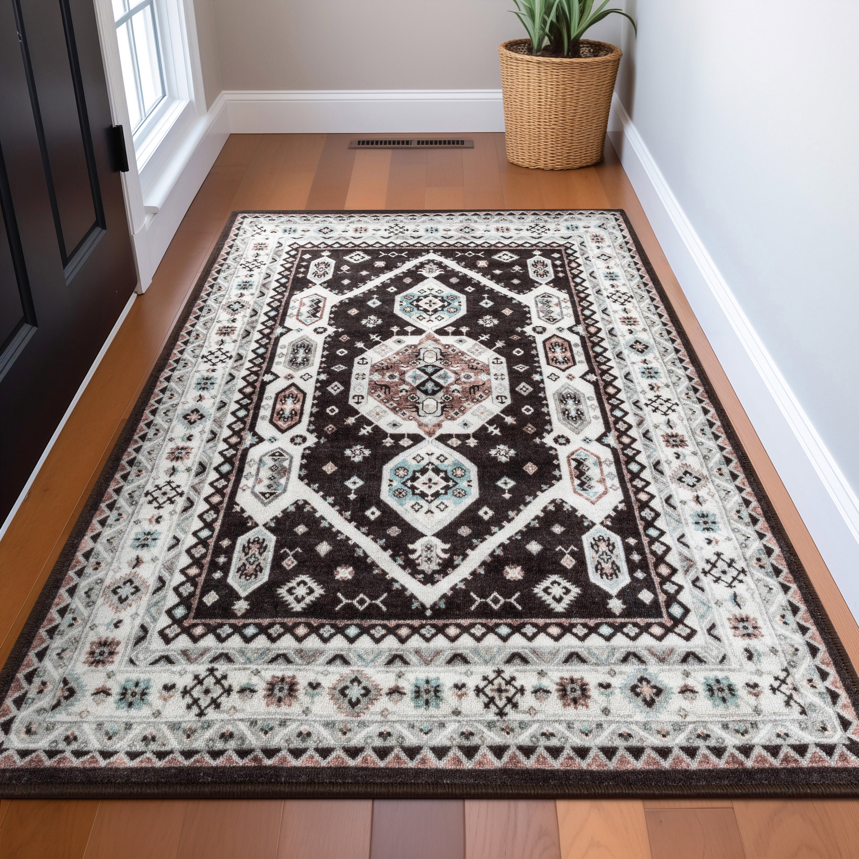 Kama Medallion Tribal Black Non-Slip Washable Rug with Rubber Backing for High-Traffic Areas