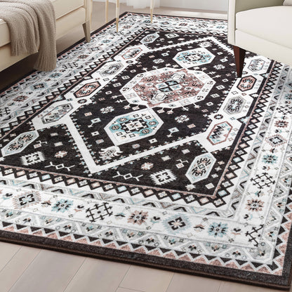 Kama Medallion Tribal Black Non-Slip Washable Rug with Rubber Backing for High-Traffic Areas