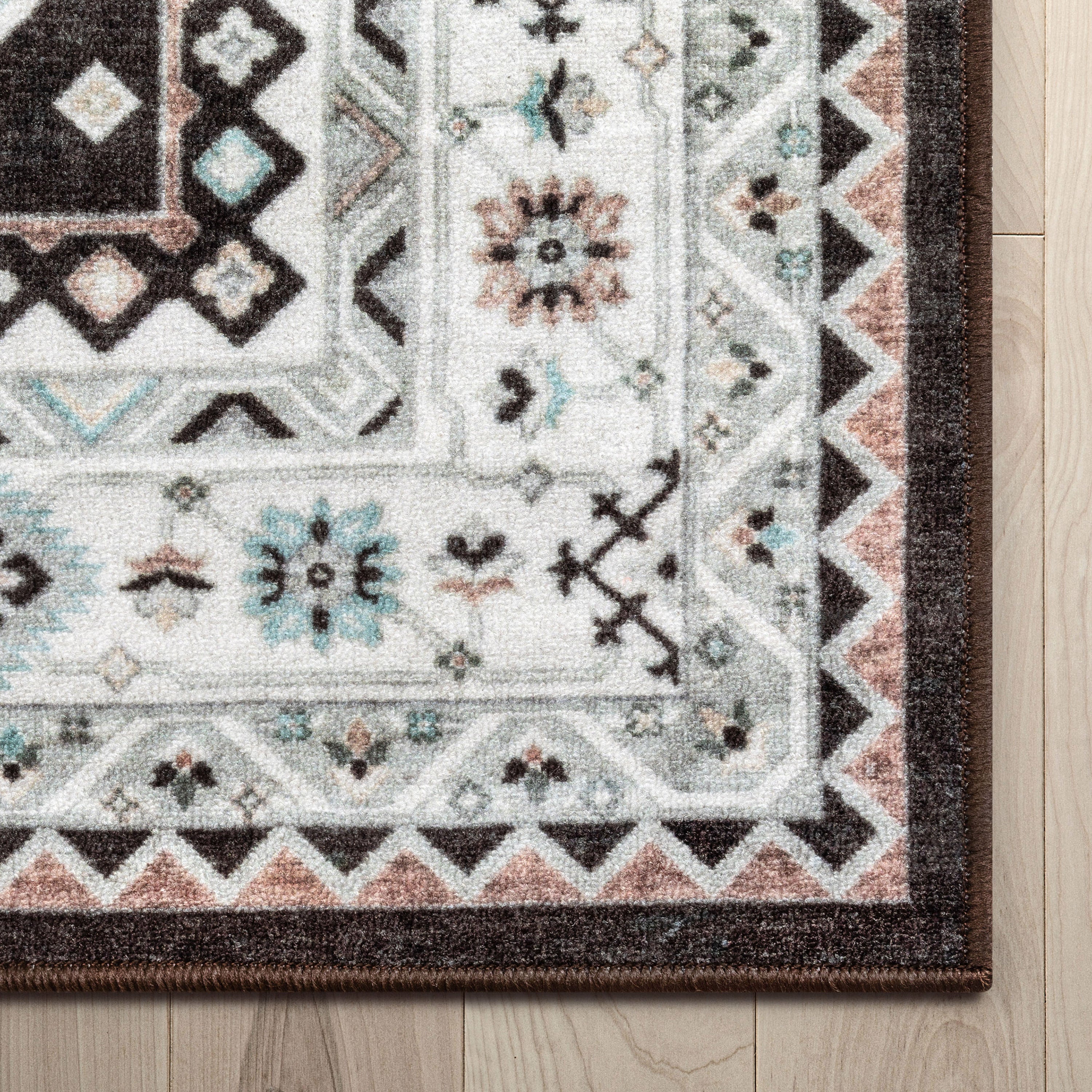 Kama Medallion Tribal Black Non-Slip Washable Rug with Rubber Backing for High-Traffic Areas