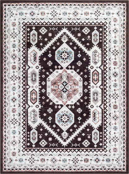 Kama Medallion Tribal Black Non-Slip Washable Rug with Rubber Backing for High-Traffic Areas