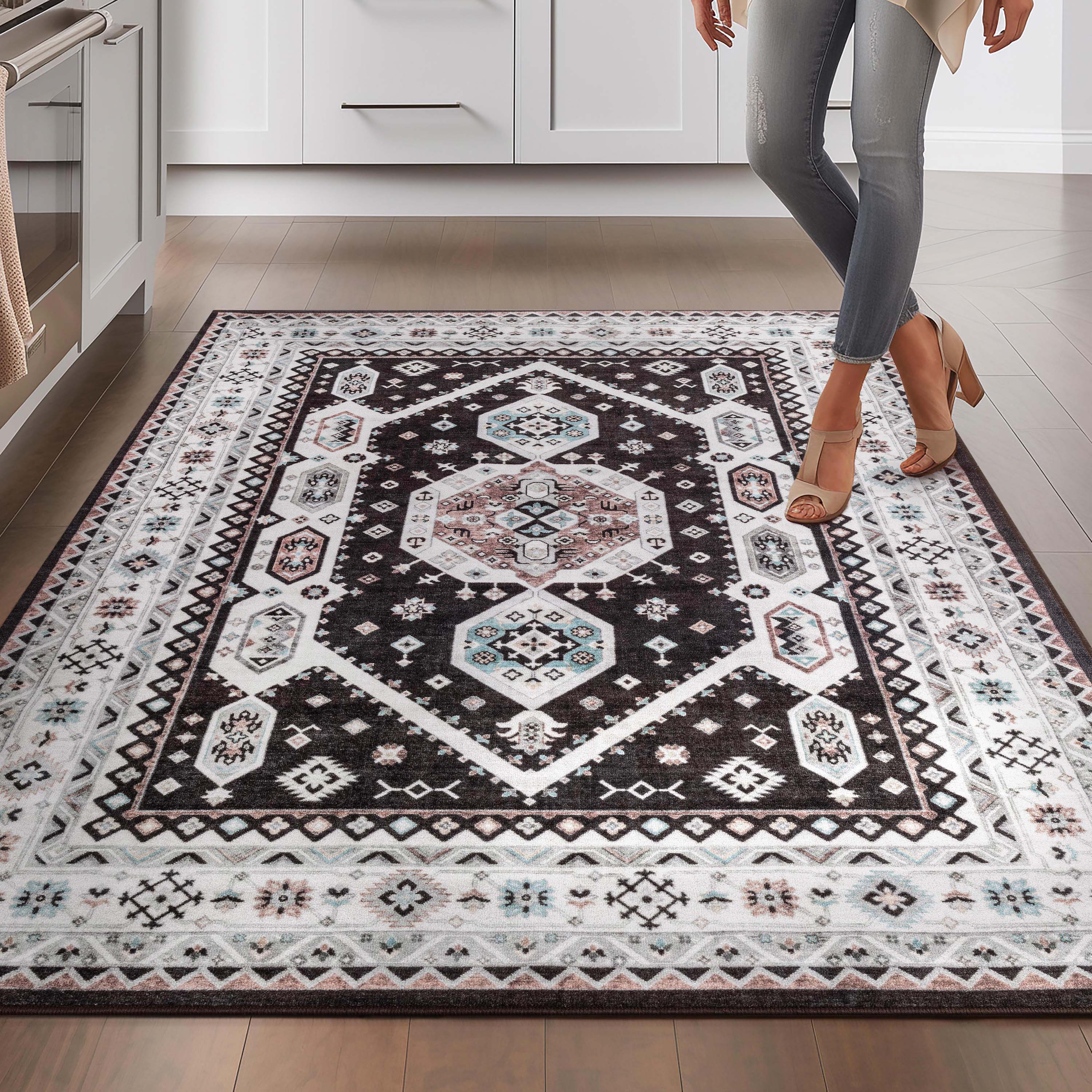 Kama Medallion Tribal Black Non-Slip Washable Rug with Rubber Backing for High-Traffic Areas