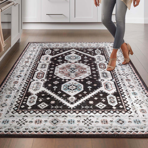 Kama Medallion Tribal Black Non-Slip Washable Rug with Rubber Backing for High-Traffic Areas