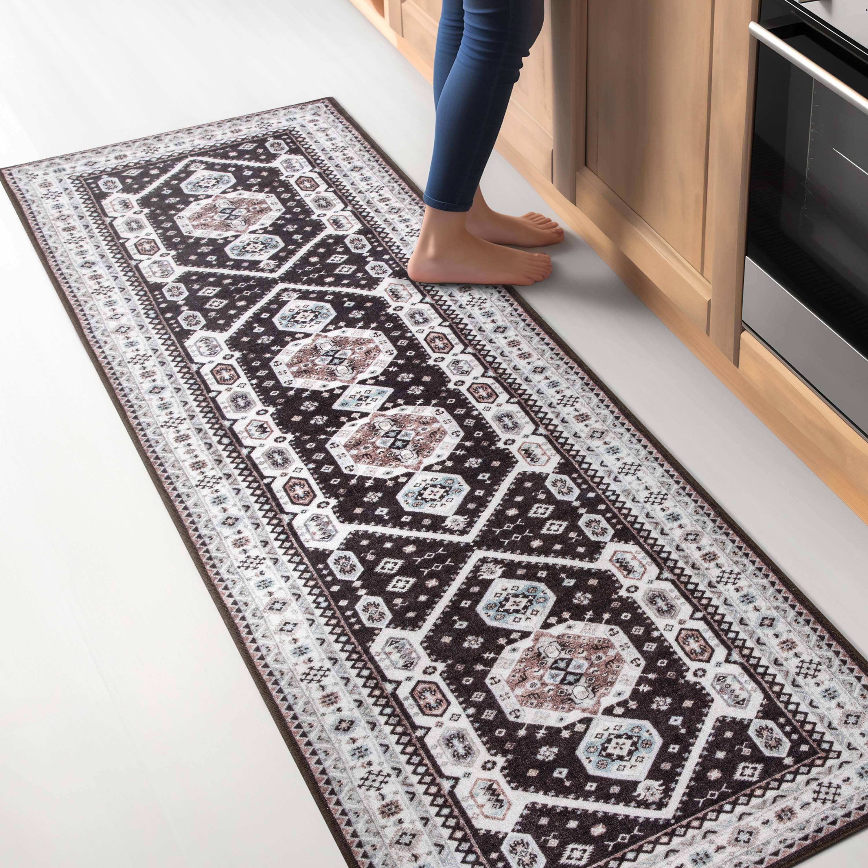 Kama Medallion Tribal Black Non-Slip Washable Rug with Rubber Backing for High-Traffic Areas