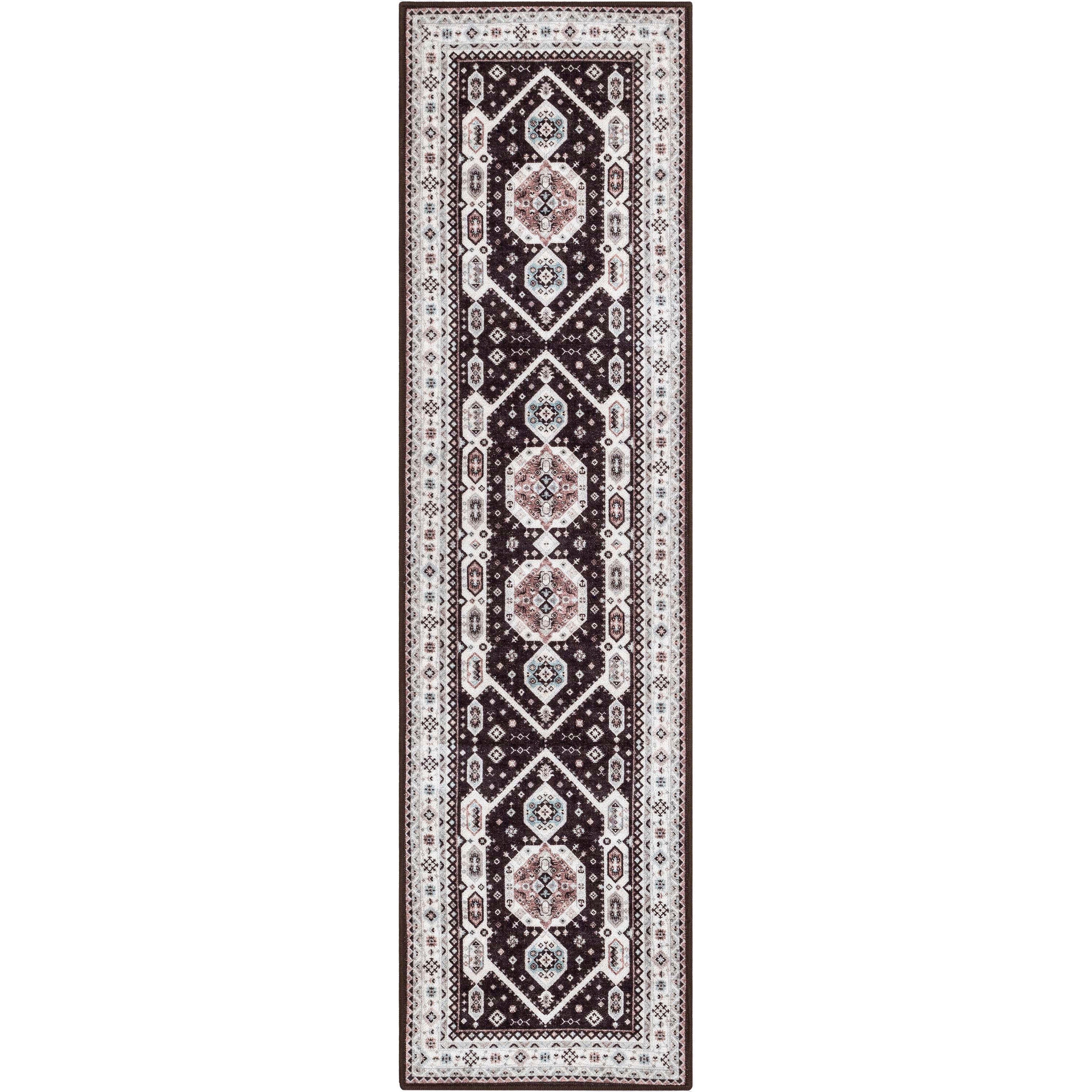 Kama Medallion Tribal Black Non-Slip Washable Rug with Rubber Backing for High-Traffic Areas