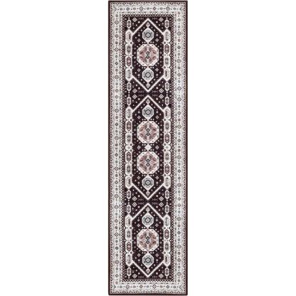 Kama Medallion Tribal Black Non-Slip Washable Rug with Rubber Backing for High-Traffic Areas