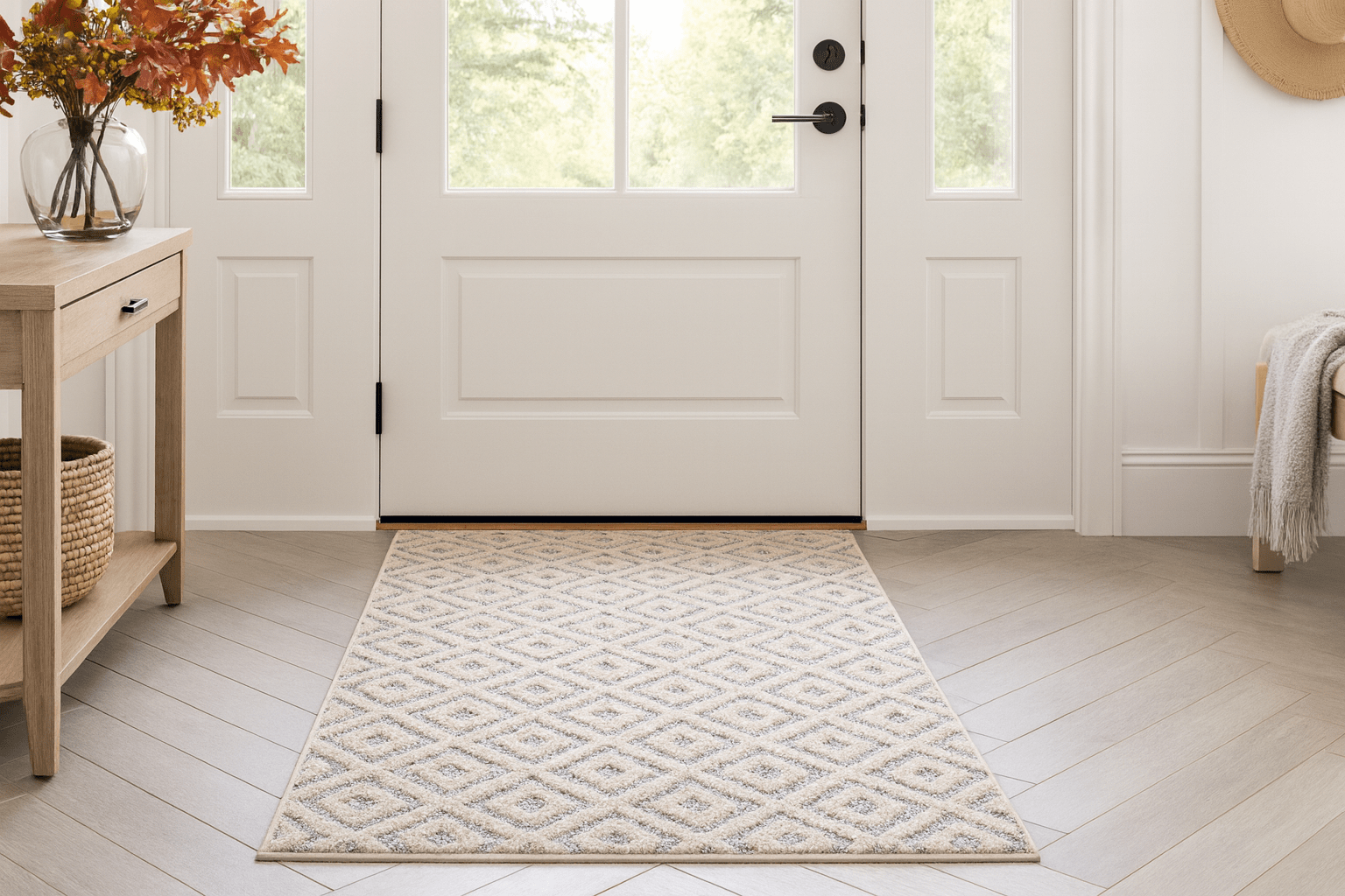 Beige diamond-patterned rug on a wooden floor in an entryway with white walls, white door, and a console table with fall foliage in a vase