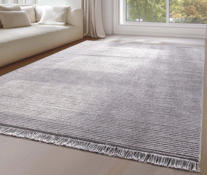 Carlow Solid & Striped Textured Taupe Ivory Ultra Soft High-Low Shag Rug