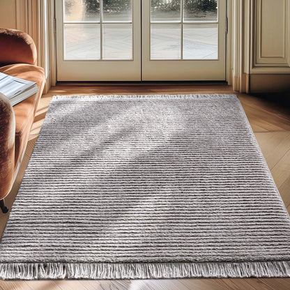 Carlow Solid & Striped Textured Taupe Ivory Ultra Soft High-Low Shag Rug