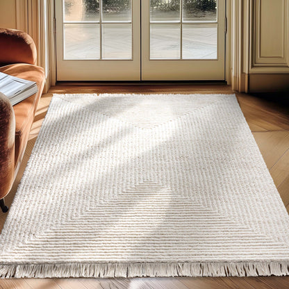 Monroe Solid & Striped Textured Ivory Ultra Soft High-Low Shag Rug