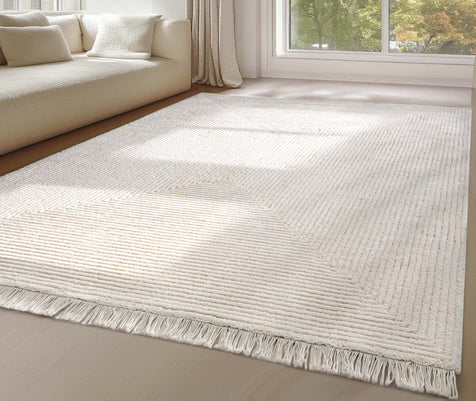 Monroe Solid & Striped Textured Ivory Ultra Soft High-Low Shag Rug