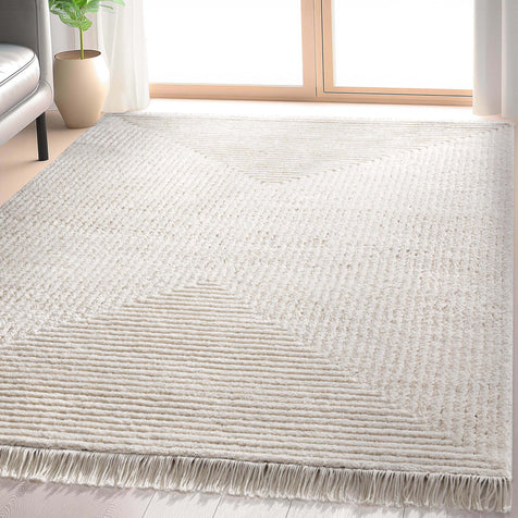 Monroe Solid & Striped Textured Ivory Ultra Soft High-Low Shag Rug