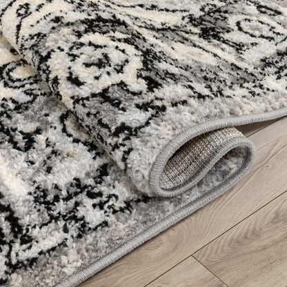 Arctic Bloom Medallion Oriental Ivory Grey High-Low Rug