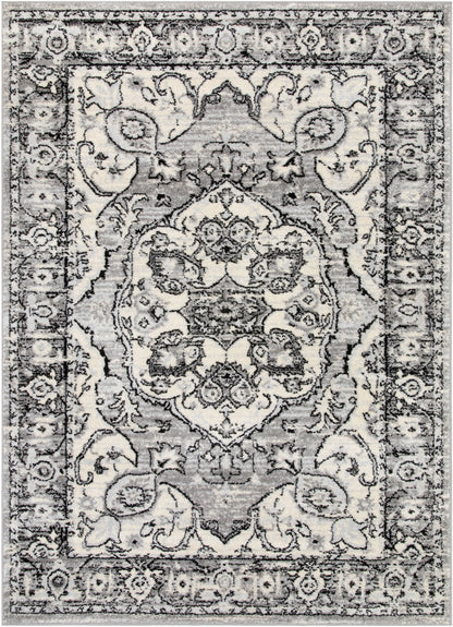 Arctic Bloom Medallion Oriental Ivory Grey High-Low Rug