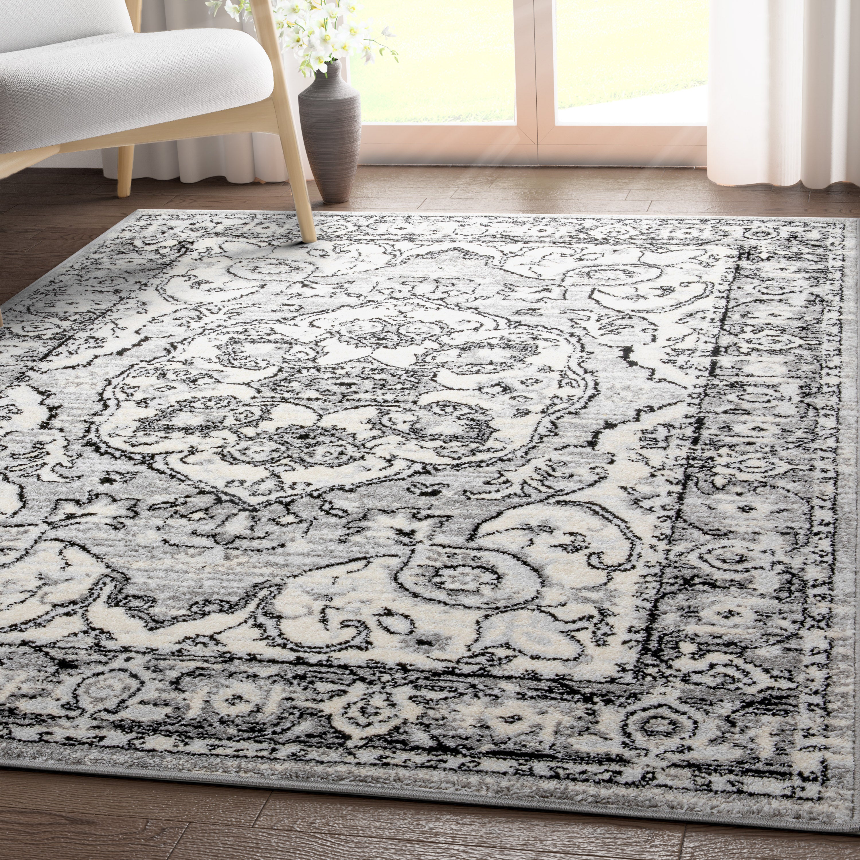 Arctic Bloom Medallion Oriental Ivory Grey High-Low Rug