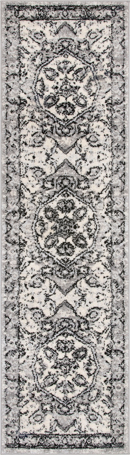 Arctic Bloom Medallion Oriental Ivory Grey High-Low Rug