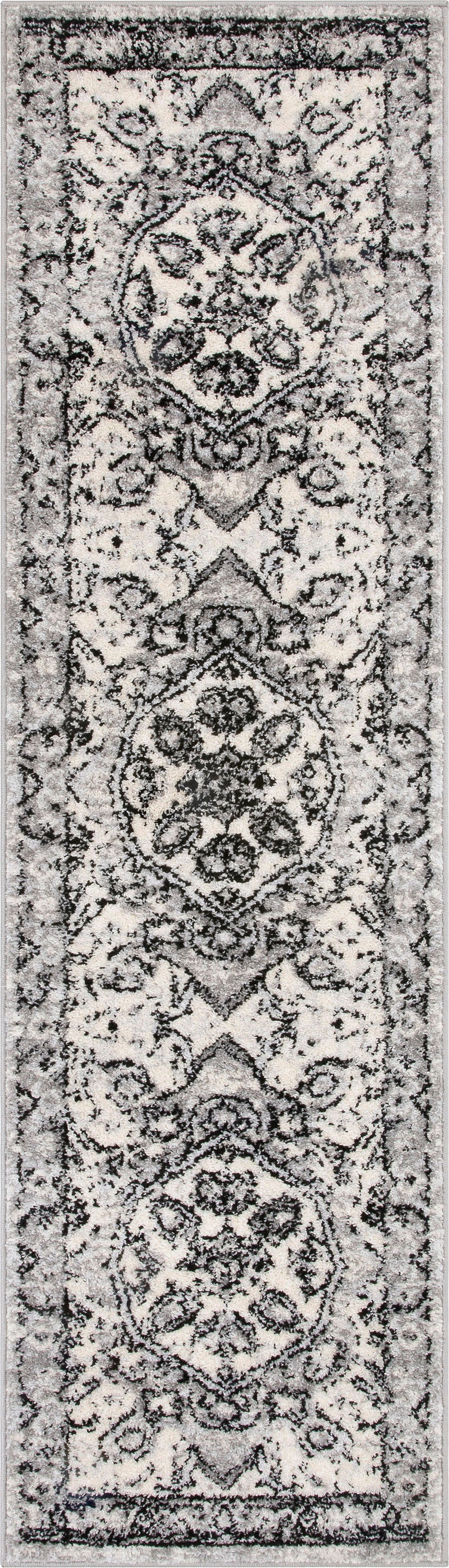 Arctic Bloom Medallion Oriental Ivory Grey High-Low Rug