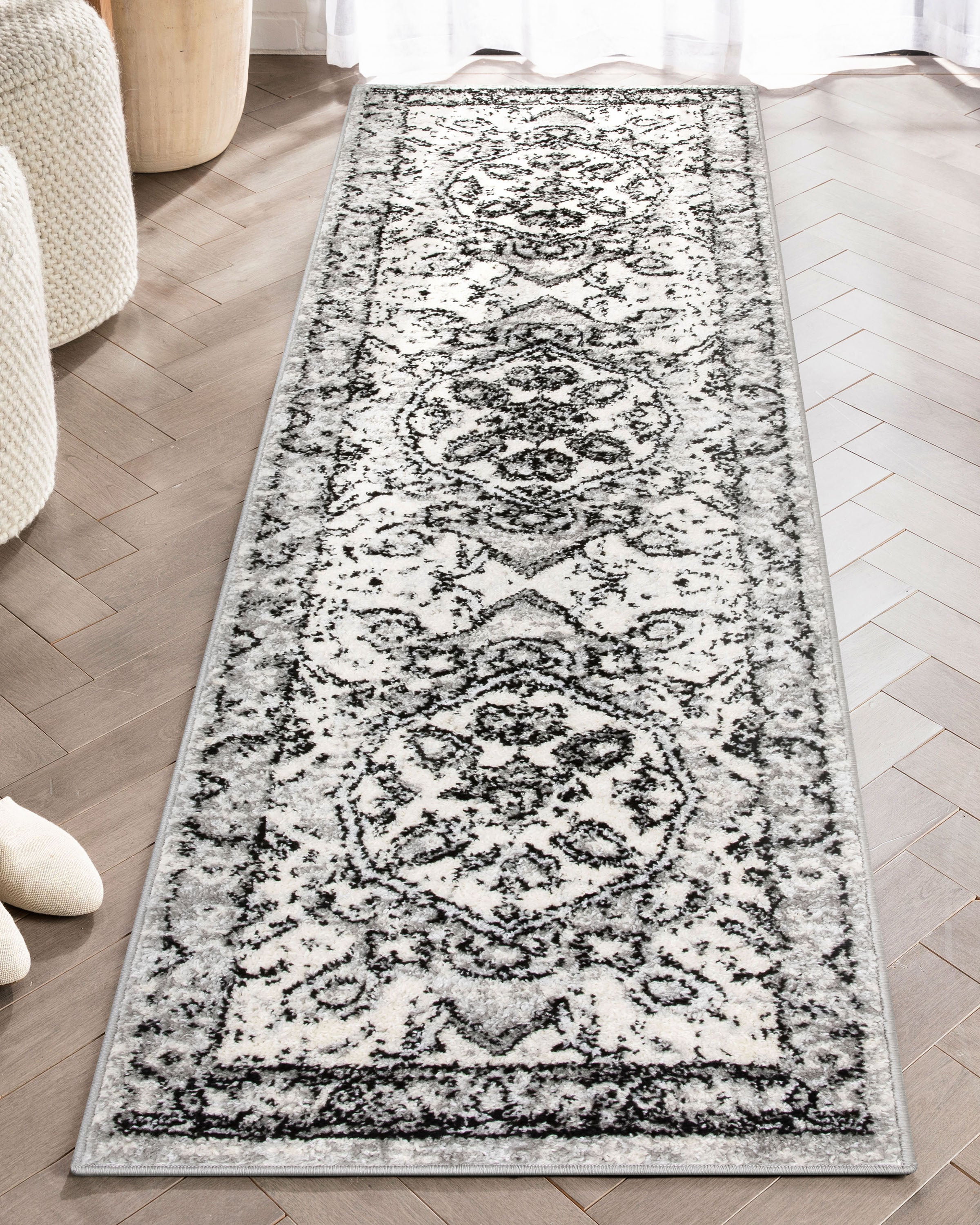 Arctic Bloom Medallion Oriental Ivory Grey High-Low Rug