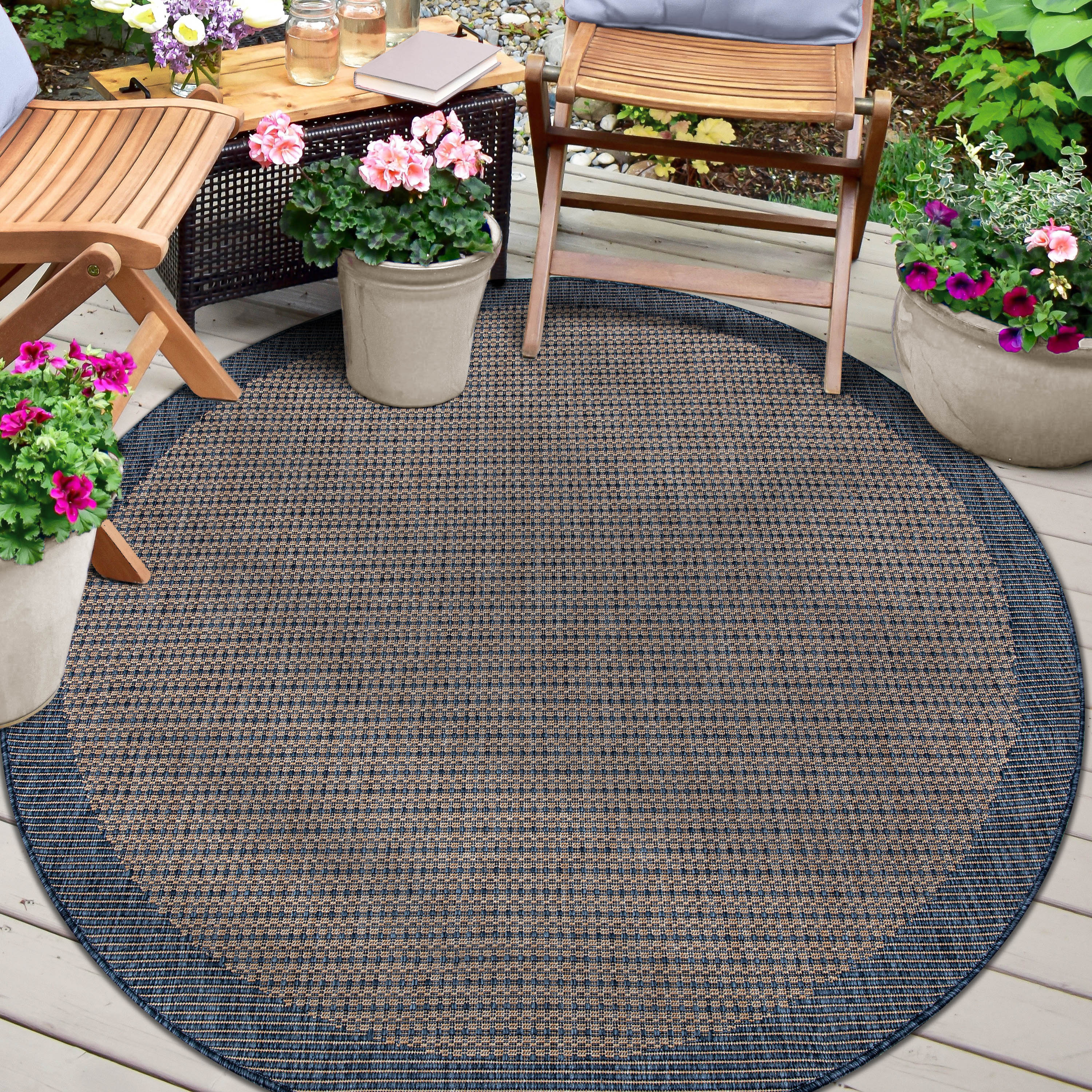 Odin Solid & Striped Border Indoor Outdoor Blue Flatweave Rug