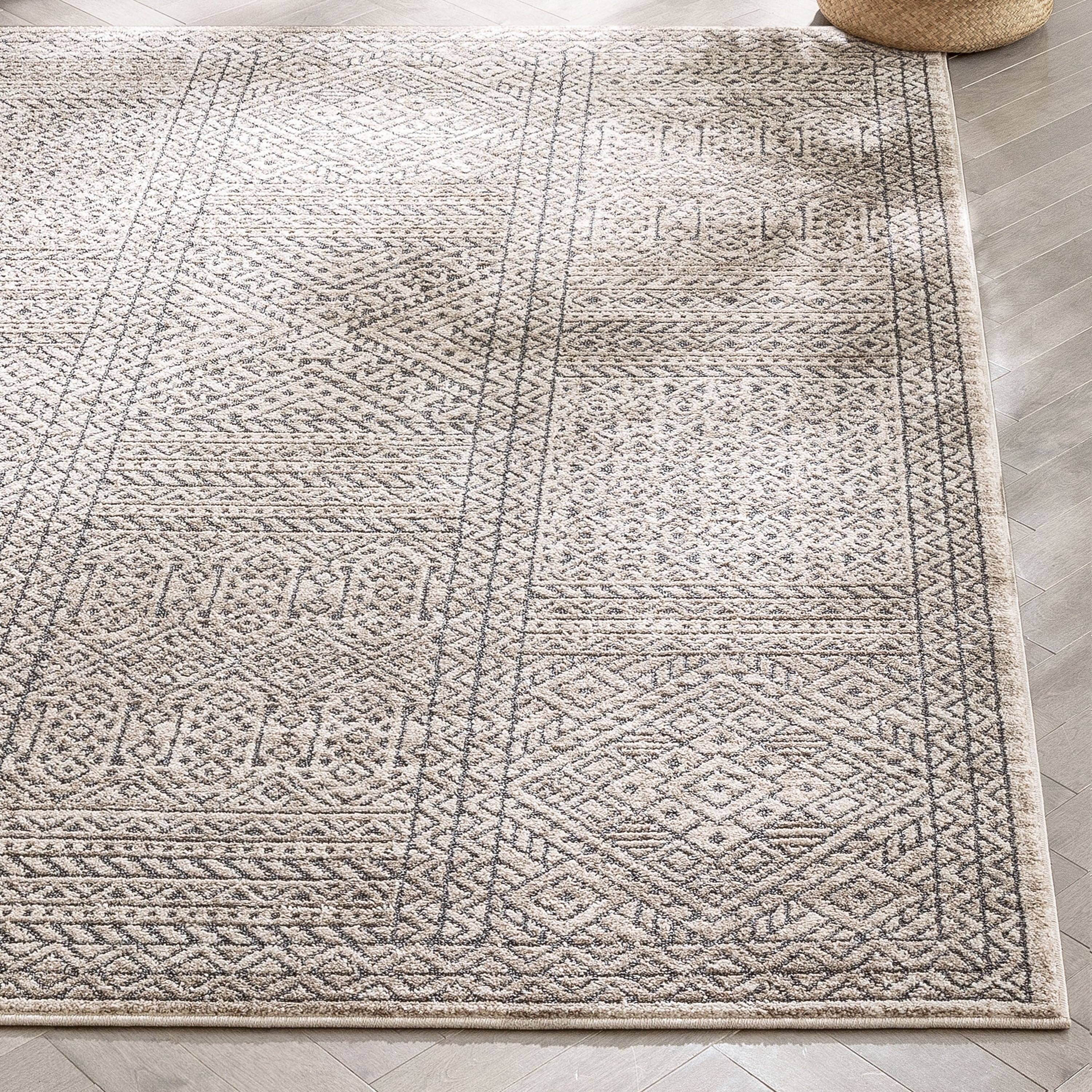 Lyre Tribal Mosaic Tile-Work Beige & Grey Distressed High-Low Rug Well Woven